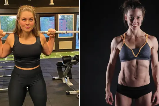 Två starka tjejer med muskler. En i gymmiljö med skivstång, den andra visar upp sin vältränade fysik.