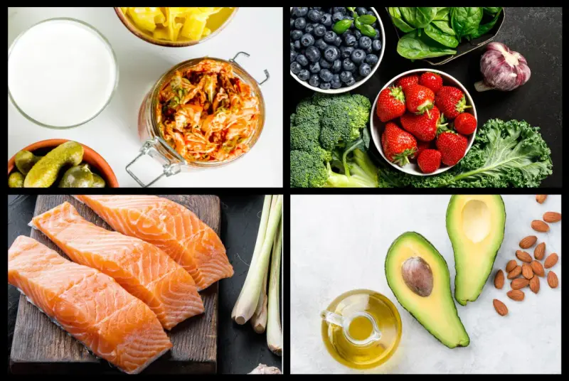 En bild med livsmedel som kan ingå i en antiinflammatorisk kost: lax, bär, grönsaker, avokado, olivolja och fermenterad mat.